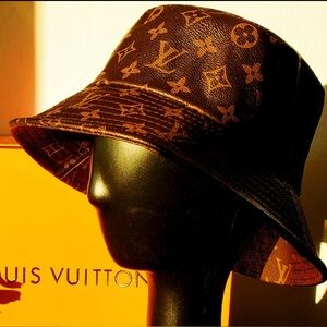 Louis Vuitton LV Bucket Hat Calf Skin Leather Monogram Brown Yellow Jacquard